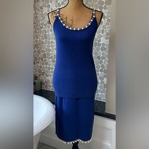 Anne Klein Blue Knit Skirt set with Pearl Details